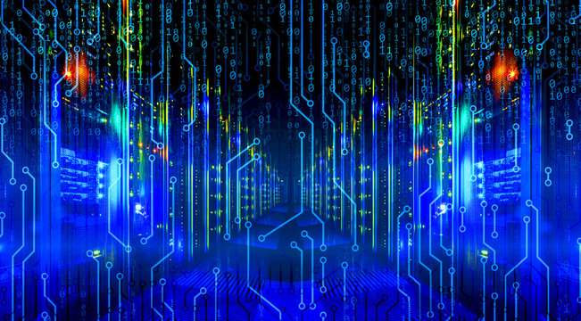 ranks of supercomputer data center in the background Binary circuit board future technology,