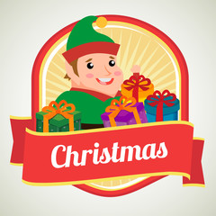 cute christmas badge with elf gift present box