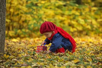 Little girl in warm clothes is playing in the autumn forest.
