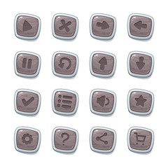 Set of 16 stone icons in white frames isolated on white background for game user interface. Mobile app vector elements template in cartoon style.