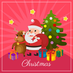 cute christmas card with santa claus cartoon reindeer