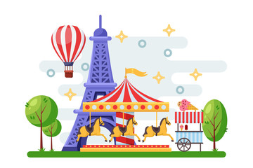 Paris cityscape with Eiffel tower, amusement park carousel and street food trolley. Vector flat illustration. © Qualit Design