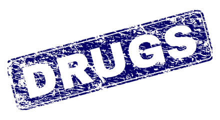 DRUGS stamp seal print with distress style. Seal shape is a rounded rectangle with frame. Blue vector rubber print of DRUGS tag with dust style.