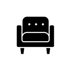 Black & white vector illustration of comfortable soft armchair. Flat icon of arm chair seat. Upholstery furniture. Isolated object
