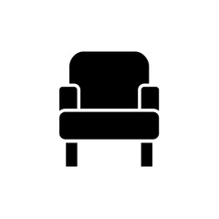 Black & white vector illustration of comfortable simple armchair. Flat icon of modern arm chair seat. Upholstery furniture. Isolated object