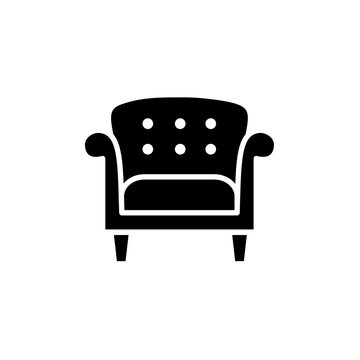 Black & White Vector Illustration Of Vintage Style Leather Armchair. Flat Icon Of Retro Arm Chair Seat. Upholstery Furniture. Isolated Object