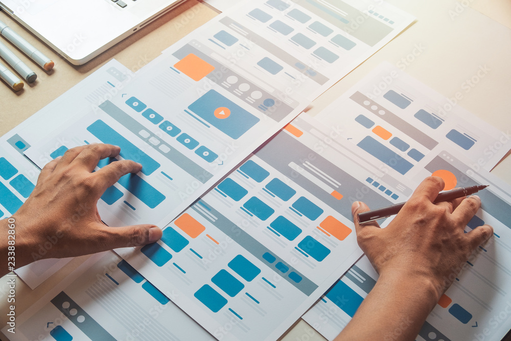 Poster Website designer Creative planning application developer development draft sketch drawing template layout prototype framework wireframe design studio . User experience concept .