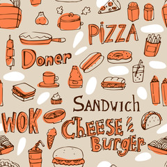 Cute hand drawn vintage craft doodle fast food street food seamless pattern for food package or restaurant menu. Sandwich, Wok, Pizza, Hotdog, sauces, noodle, tacos and other food