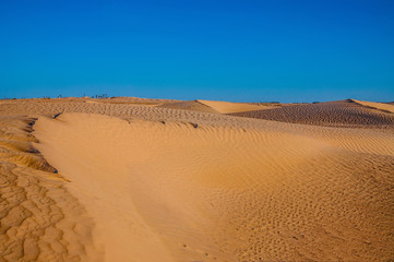Tunisian desert landscape with blue sky. Dunes background.