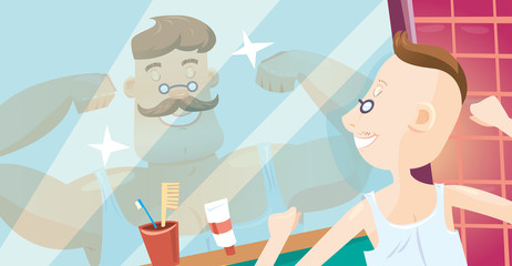 Caricature illustration of young men looking in mirror dreaming about perfect body