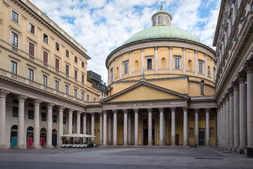 Historical center of Milan, north Italy, Piazza San Carlo and Basilica of San Carlo al Corso (1847) with blue sky, near the Duomo (cathedral) of Milan, lateral to the famous Corso Vittorio Emanuele II