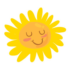 isolated cartoon-style color illustration of cute smiling happy sun. Isolated on white background