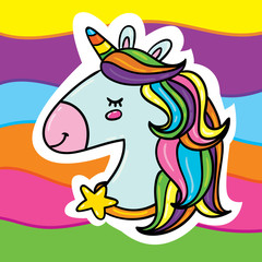 Cute  cartoon style outlined illustration of fancy beautiful unicorn horse flying on rainbow background