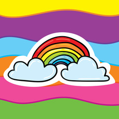 Cute on rainbow striped background outlined rainbow with clouds illustration. Funny cartoon style icon in doodle style