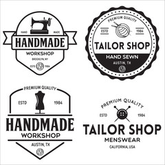 Set of vintage sewing and tailor labels, badges, design elements and emblems. Tailor shop old-style logo.