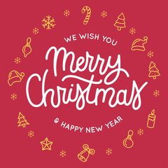 Obraz premium Merry Christmas and Happy New Year lettering template. Monochrome typography for Holiday Greeting Gift Poster. Winter holidays related typographic quote.