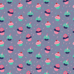 Seamless texture with cupcakes on a gray background - 233885635