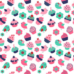 Seamless texture with cute birds cupcakes and flowers - 233885847