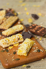 Granola Bars and chocolate with hazelnuts  