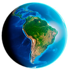 3d illustration of our planet Earth with shadows and without clouds isolated on white background. Scenic view of South America continent from space. Elements of this image furnished by NASA. © Petr Zyuzin