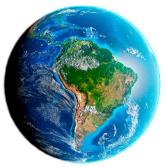 3d illustration of our planet Earth with shadows covered by clouds isolated on white background. Scenic view of South America continent from space. Elements of this image furnished by NASA. © Petr Zyuzin