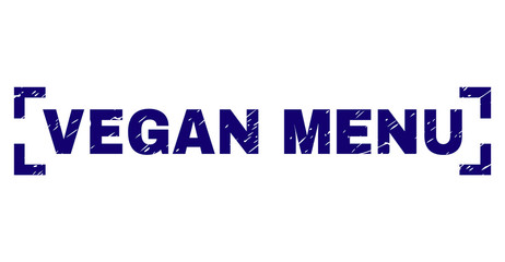 VEGAN MENU title seal print with distress texture. Text caption is placed between corners. Blue vector rubber print of VEGAN MENU with unclean texture.