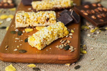 Granola Bars and chocolate with hazelnuts 