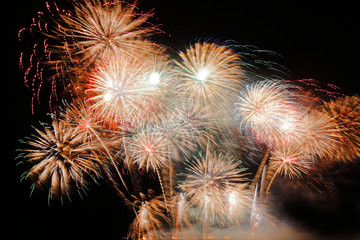 Festive colorful fireworks on night sky background. Celebratory holiday