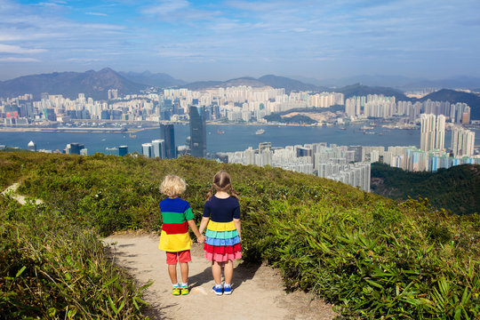 Family hiking in Hong Kong mountains