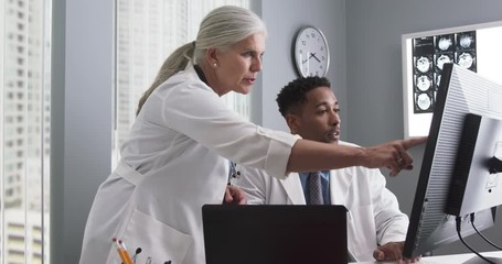 Portrait of millennial black doctor using computer while senior colleague directs him. Two doctors working inside medical office looking at computer monitor and typing - Powered by Adobe
