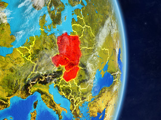 Visegrad Group on planet planet Earth with country borders. Extremely detailed planet surface and clouds.