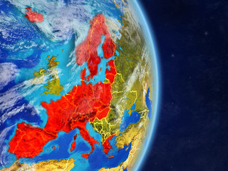 Schengen Area members on planet planet Earth with country borders. Extremely detailed planet surface and clouds.
