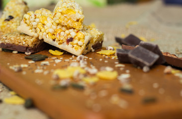 Granola Bars and chocolate with hazelnuts 