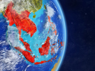 ASEAN memeber states on planet planet Earth with country borders. Extremely detailed planet surface and clouds.
