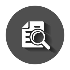 Scrutiny document plan icon in flat style. Review statement vector illustration with long shadow. Document with magnifier loupe business concept.