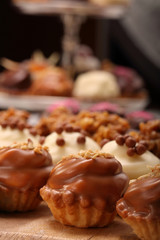 Catering sweets, closeup of various kinds of cakes on event or wedding reception