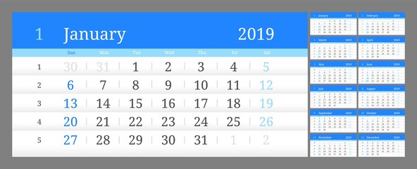 Year 2019 calendar horizontal vector design template with numbers of days of weeks. Week Starts Sunday.