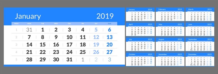 Year 2019 calendar horizontal vector design template with numbers of days of weeks. Week Starts Monday.