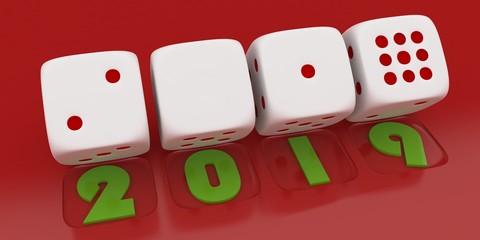 2019 Merry Christmas and Happy New Year ,3d render of a white dice on red background