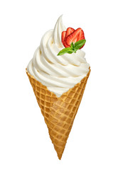 Vanilla soft ice cream or frozen yogurt on strawberry and mint in cone isolated on white background