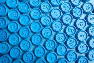 Bingo balls on blue background. Numbers.