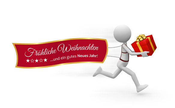 Lieferant mit rotem Geschenk und Banner am R&uuml;cken