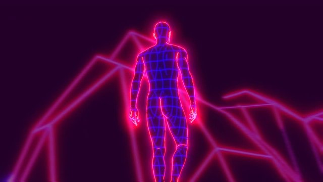 Neon low poly grid walking human figure animation. Seamless retro futuristic background.