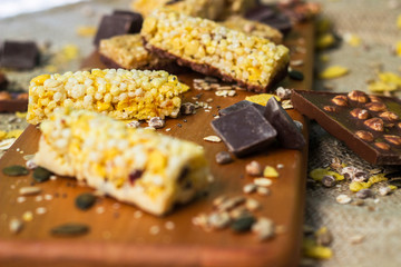 Granola Bars and chocolate with hazelnuts 