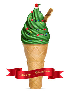 Christmas message on christmas tree decorated soft mint ice cream with wafer stick
