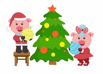 Chinese Horoscope 2019. Two pigs in the New Year's clothes decorate Christmas tree.