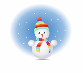 Christmas snowman dressed in a colored hat and scarf. 
