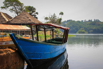 Wooden boat on the Nile River in Uganda