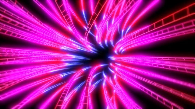 Neon low poly grid tunnel animation. Seamless retro futuristic background.