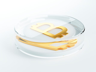 bitcoin cryptocurrency golden symbol covered with glass